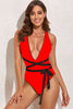 Contrast Tie-Waist Plunge One-Piece Swimsuit